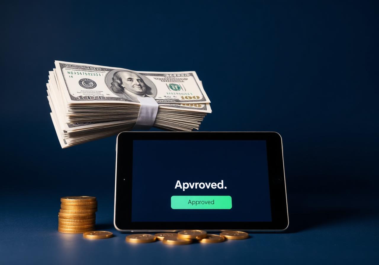 Personal loan approved on tablet with US dollar bills and gold coins