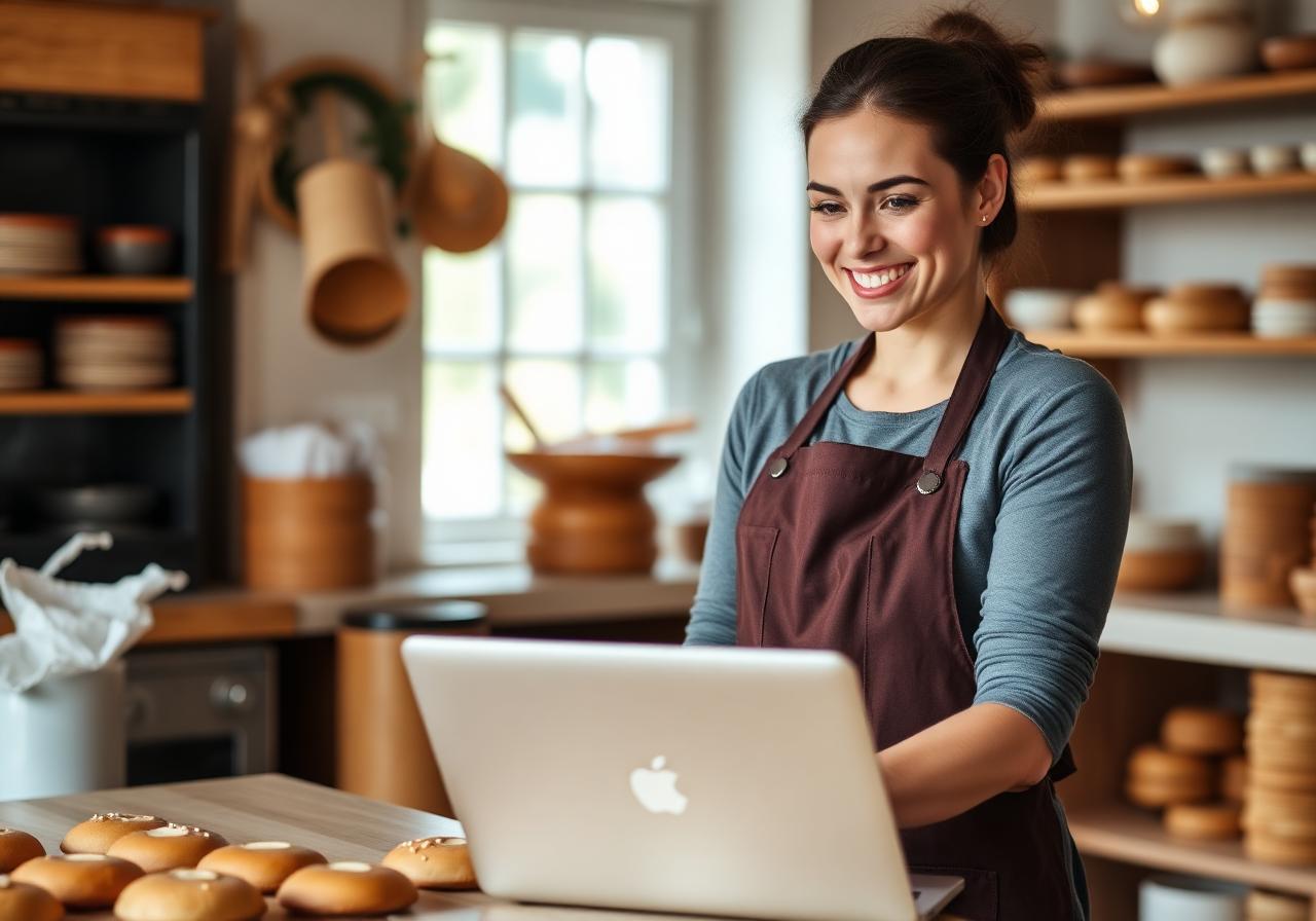 Happy small business owner in bakery managing finances on laptop